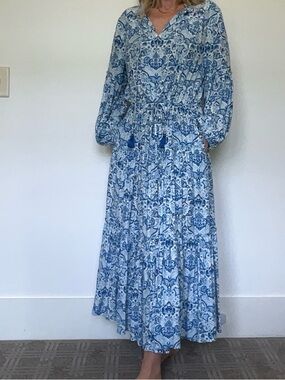NicoBlu -  Blue and White Printed Tiered Maxi Dress with pockets